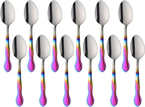 Vista 63 de Cucharas de sopa, cucharas redondas de acero inoxidable para caldo con borde de flor, juego de 12 piezas de acero inoxidable para café, azúcar