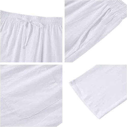 Vista 5 de Karlywindow Pantalones de lino para hombre, casuales, sueltos, ligeros, con cordón, cintura elástica, pantalones de verano para yoga y playa