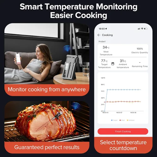 Vista 2 de Termómetro inalámbrico inteligente para carne, 2 sondas, base WiFi con Gris