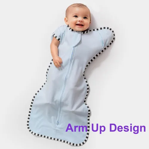 Vista 2 de Swaddling - Saco de dormir para recién nacido, paquete de 2 unidades, 100% algodón, diseño de brazos hacia arriba con cremallera de 2 vías, manta