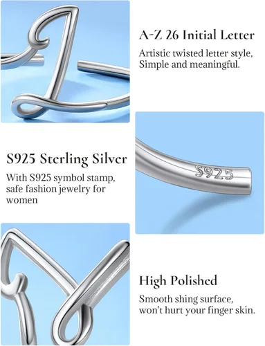 Vista 5 de SILVERCUTE S925 Initial Rings, Adjustable Size 6-12 Statement Alphabet Letter A-Z Jewelry Personalized Twisted Initials Rings Sterling Silver