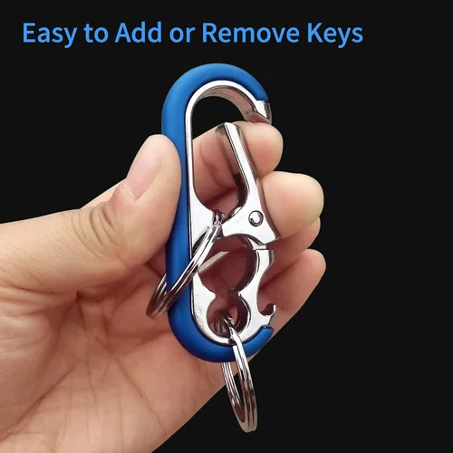 Vista 4 de Llavero para hombre – Llavero abrebotellas con 2 anillos, liberación rápida, aleación de zinc, negro, llavero perfecto para coche (negro + azul)