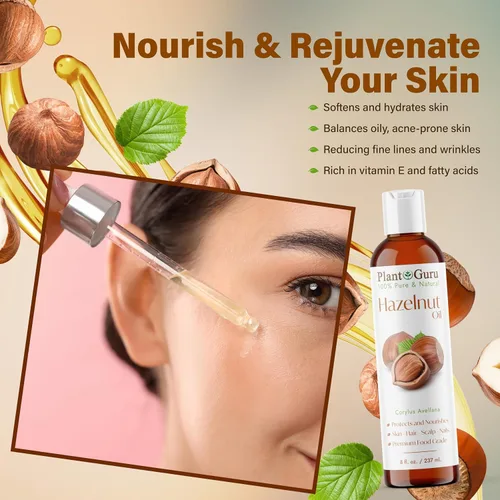 Vista 4 de Plant Guru Aceite de avellana de 4 onzas líquidas. Presionado en frío, 100% puro, natural, hidratante para el crecimiento de la piel, la cara