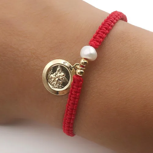 Vista 3 de Handwoven Red Thread with Saint Michael Archangel Medal and Cultured Fresh Water Pearl - Catholic Protection Bracelet Adjustable Size for Women