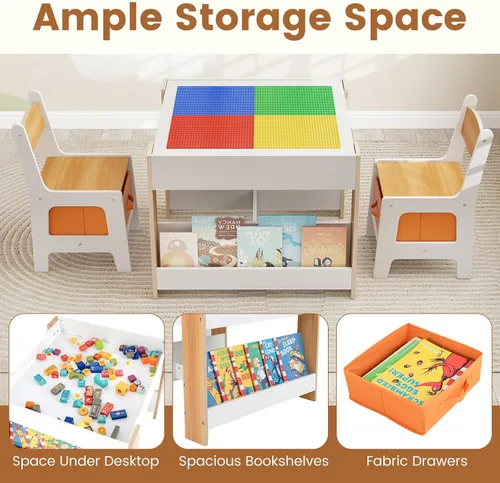 Vista 13 de INFANS Juego de Mesa y Silla para Niños, Escritorio de Actividades de Madera de Bloques de Construcción 4 en 1 con Superficie Reversible, Cajones