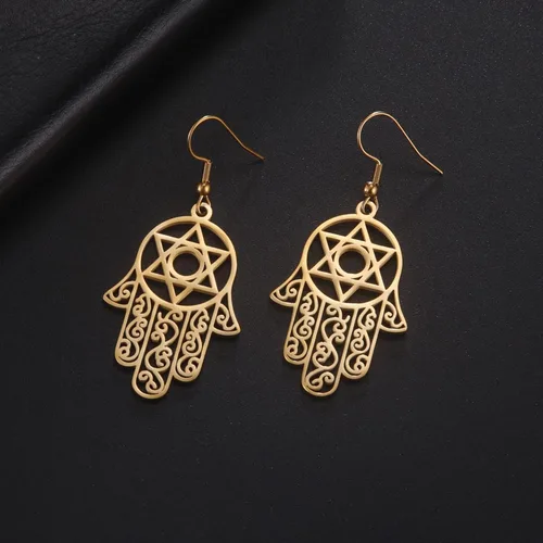 Vista 4 de Hamsa - Aretes hexagonales de mano de Fátima con estrella de David contra el mal de ojo, nudo celta judío, protección para mujer, amuleto