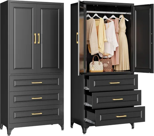 Vista 8 de Gabinete de Pared de Metal de 81 cm con 2 Puertas, Gabinetes Colgantes Negros con Manija, Gabinetes de Vestir de Metal, Armario Vestidor Clóset