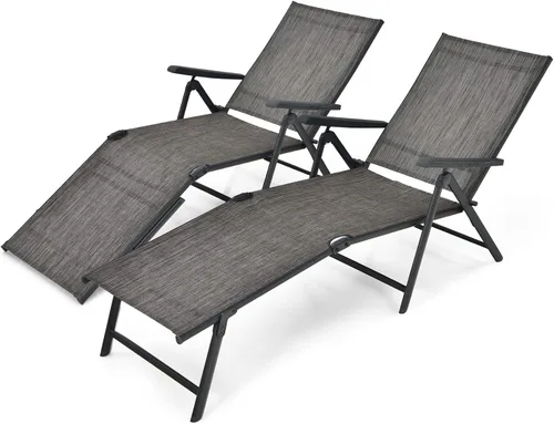 Vista 10 de Giantex Sillón de patio plegable, tumbona para tomar el sol al aire libre con respaldo de 5 posiciones, reposapiés de 2 posiciones, marco de acero