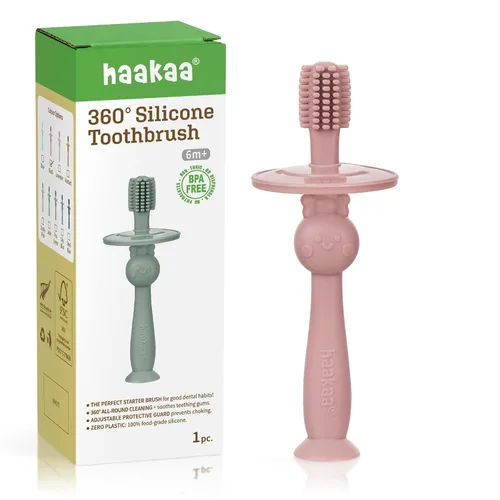 Vista 13 de haakaa Cepillo de dientes para bebé de 360° con base de succión - Limpieza suave para entrenamiento de autocepillado de niños pequeños, silicona