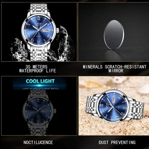 Vista 5 de LIGE Relojes para hombre, casual, de cuero, analógico, de cuarzo, para hombre, negro, Fahison, reloj de pulsera para hombre, reloj deportivo