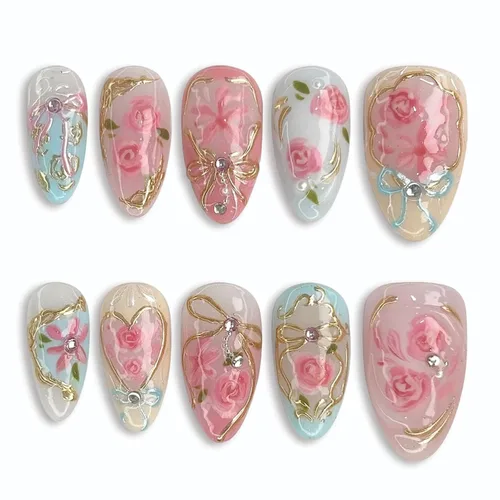 Vista 11 de Uñas postizas a presión con punta francesa, uñas postizas medianas con flores 3D, concha de perla, diseño de estrellas de mar, uñas blancas a