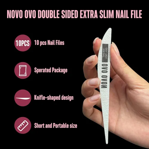 Vista 2 de NOVO OVO Lima de uñas finas, 10 piezas profesionales de doble cara, extra delgada, reutilizable, tablero de esmeril (grano 100/180), herramientas