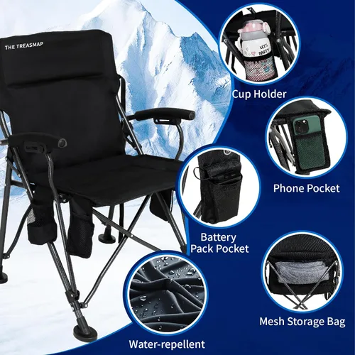 Vista 3 de Sillas de Camping con Calefacción Plegables para Adultos: Silla Plegable de Gran Tamaño para Exteriores con Portavasos - Silla Portátil
