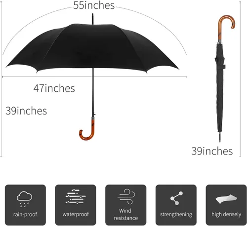 Vista 2 de TIME LOVER Paraguas de gran tamaño a prueba de viento Paraguas de madera con mango J Stick abierto automático de secado rápido paraguas para hombres