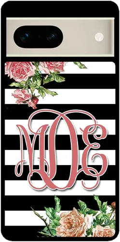 Vista 2 de Funda de goma negra con monograma de barras de flores vintage, compatible con Google Pixel 10, 10 Pro, 10 Pro XL, 9a, 9 Pro, Pixel 9, Pixel 9 Pro