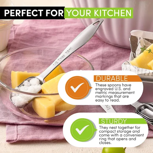 Vista 4 de Spring Chef - Juego de 6 cucharas medidoras apilables de acero inoxidable con nivelador Rectangular Metric Metal Teaspoon & Tablespoon Measuring