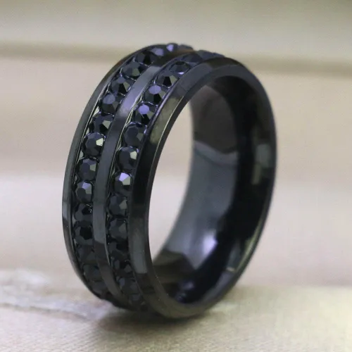 Vista 8 de Juego de anillos de boda de acero inoxidable chapado en oro negro con circonita cúbica