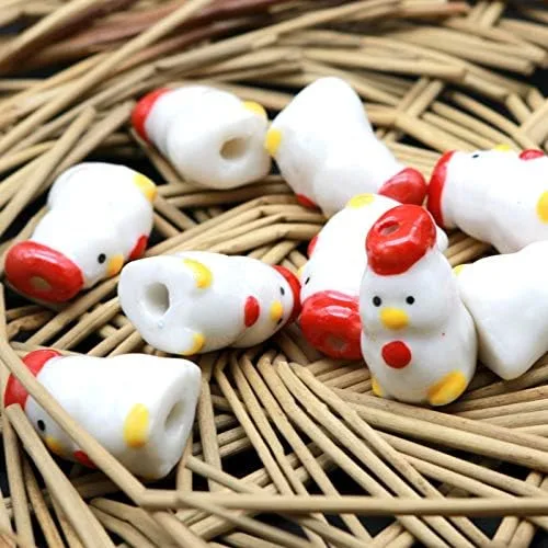 Vista 5 de Pukido 10 unids/lote chino impresión pollo porcelana granos 0.433x0.787 in animales cerámica granos encantos hecho a mano colgante DIY fabricación