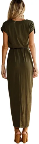 Vista 3 de YMING Vestido midi casual de cintura alta para mujer vestido cruzado de color sólido vestido alto y bajo con cinturón