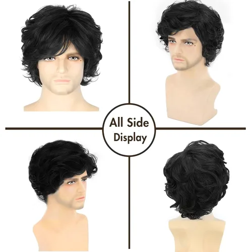 Vista 3 de Peluca negra corta para hombre, peluca de cabello ondulado y esponjoso para hombres y niños, cabello sintético natural para disfraz de Halloween