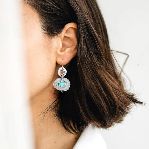 Vista 2 de Pendientes bohemios de piedra pendientes colgantes de plata para mujer, Metal, Circonia cúbica
