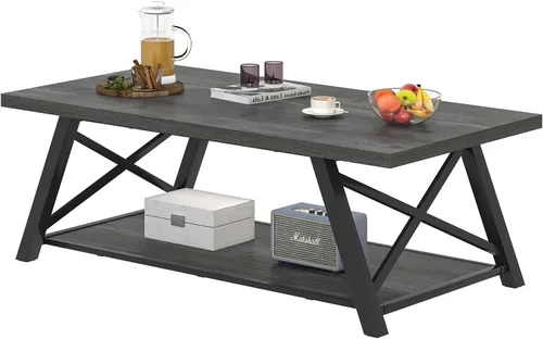 Vista 8 de EXCEFUR Mesa auxiliar, mesa central de madera industrial y metal para sala de estar, mesa de té rectangular de cóctel con estante de almacenamiento