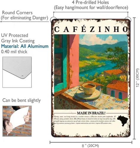 Vista 2 de Cartel vintage Cafezinho divertido Brasil Café Brasil Cocina Latina Letrero de Metal Aluminio 8x12 pulgadas para Baño Dormitorio Sala de estar