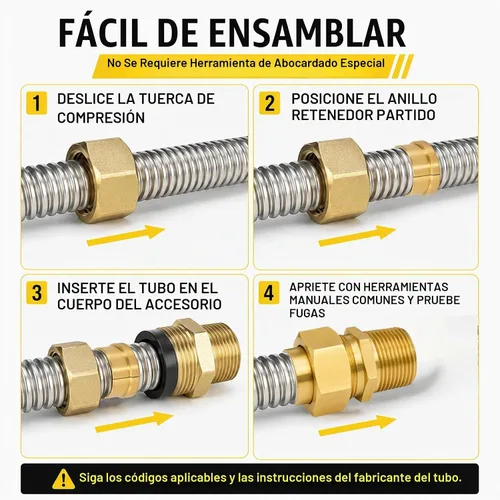 Vista 5 de Paquete de 4 accesorios de latón macho NPT de 1/2 pulgada para tubos de gas corrugado compatibles, kit de adaptador de terminación CSST con junta