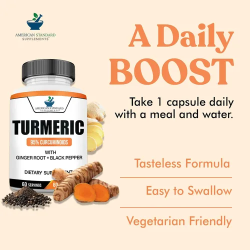 Vista 5 de American Standard Supplements Extracto de cúrcuma – Curcumina 95% con extracto de raíz de jengibre y extracto de pimienta negra – 60 cápsulas
