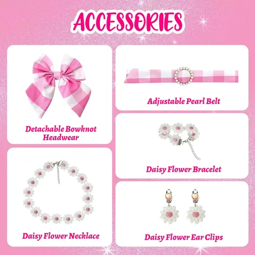Vista 5 de Vestido de disfraz rosa para niñas, disfraz de película de cosplay, disfraz de fiesta de Halloween con accesorios