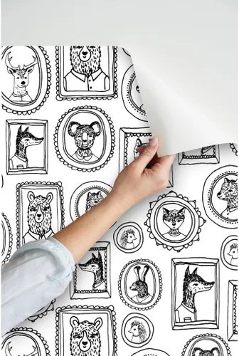 Vista 3 de Spoonflower Papel tapiz para despegar y pegar, marco de retrato de animales caprichoso, bosque, negro, blanco, cuarto de niños, papel tapiz