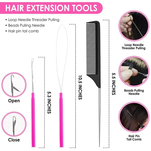 Vista 5 de Beauty & Crafts Herramientas de extensión de cabello, juego de alicates de acero inoxidable para microcuentas, 1 aguja de ganchillo, 1 gancho