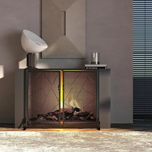 Vista 3 de Fire Beauty Pantalla de chimenea con puertas con bisagras Borde de hierro fundido, marco de acero resistente, malla metálica duradera, protector