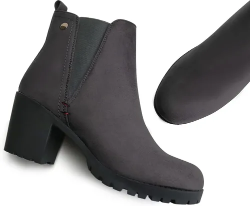 Vista 6 de JABASIC - Botines casuales de ante para mujer con tacón de bloque, botas de meter tipo Chelsea