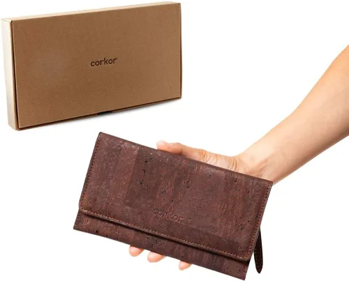 Vista 6 de Cartera de corcho vegano para mujer, delgada para tarjetas, funda plegable con bolsillo con cremallera, Marrón, Classic