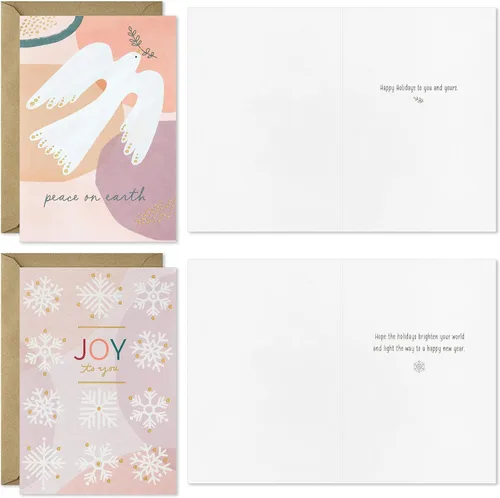 Vista 4 de Hallmark Surtido de tarjetas de Navidad en caja boho (16 tarjetas y sobres) rosa pastel, morado, verde esmeralda, paloma
