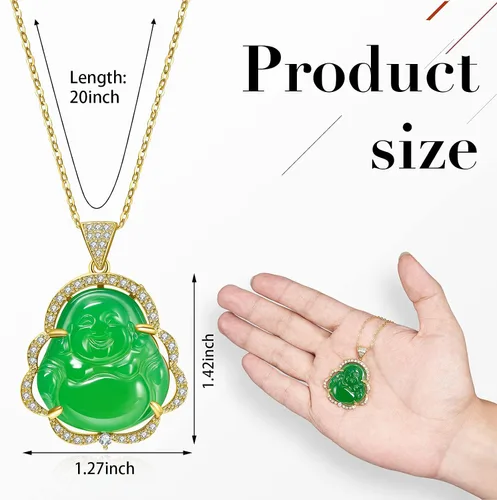 Vista 2 de MTLEE 2 piezas de collar con colgante de Buda sonriente para mujeres y hombres, collar de cadena de Buda sonriente de jade, joyería de amuleto
