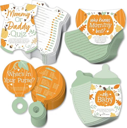 Vista 9 de Big Dot of Happiness Girl Little Pumpkin - 4 juegos de baby shower de otoño - 10 cartas cada uno - Quién sabe mejor a mami, cuestionario de mamá