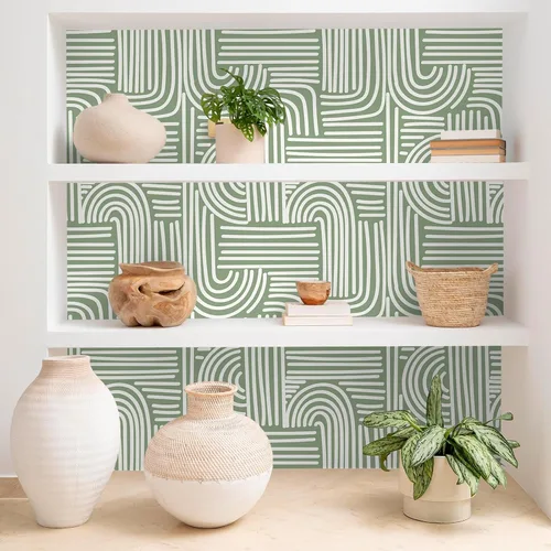 Vista 7 de VEELIKE Papel tapiz geométrico verde salvia para despegar y pegar, papel tapiz geométrico abstracto bohemio para dormitorio, baño, pared decorativa