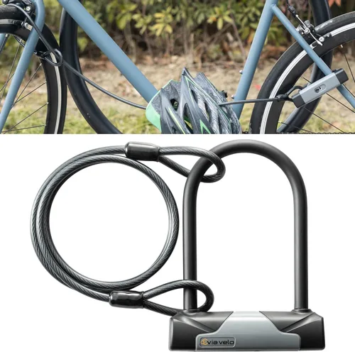 Vista 4 de Via Velo Juego de 2 candados para bicicleta con el mismo sistema de llave, cerraduras antirrobo en U de 0.315 in x 4.92 pies, acero trenzado