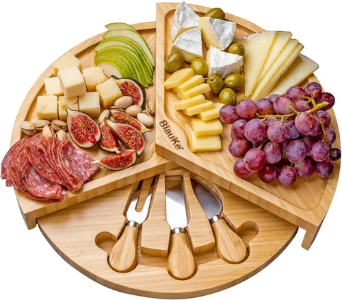 Vista 12 de Juego de tabla de queso de bambú y cuchillos de 14 x 11 pulgadas – Tabla de cortar queso de madera, bandeja de servir, juego de tabla de embutidos