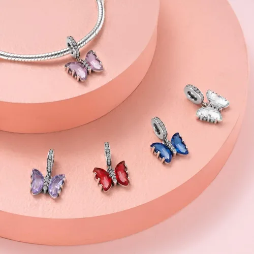 Vista 5 de Dijes de mariposa para pulseras, dijes colgantes de mariposa de plata de ley 925 para pulseras y collares con circonitas cúbicas multicolor 5A
