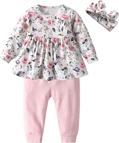 Vista 12 de Conjunto de 3 piezas de ropa para bebé niña, camiseta con volantes, camisa floral, pantalones y diadema Verde
