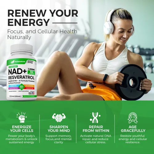 Vista 2 de Suplemento NAD+, 1,360 mg de fuerza máxima liposomal Resveratrol, quercetina, té verde Energía celular y envejecimiento saludable para hombres