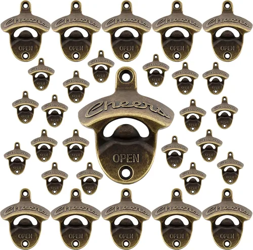 Vista 23 de Abridor de botellas de latón para montar en la pared, estilo vintage, bronce antiguo (paquete de 2)