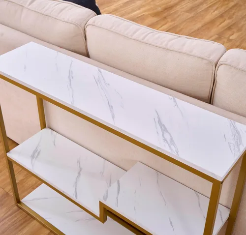 Vista 5 de loglus Mesa consola para entrada, Mesa de sofá de MDF de mármol sintético con marco dorado (Multicapa, Mármol Blanco)
