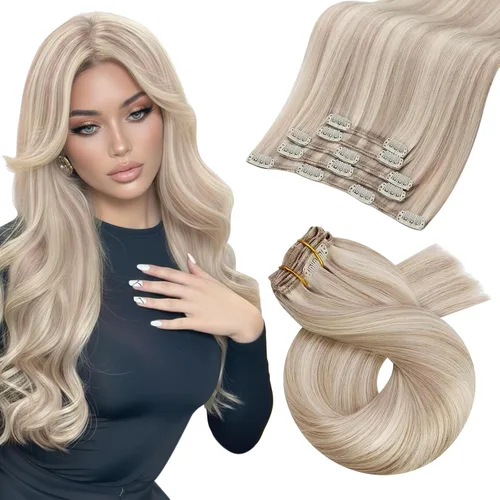Vista 71 de Moresoo Extensiones de cabello humano con clip, balayage, color marrón oscuro a marrón dorado con clip, extensiones de cabello humano con clip, 5