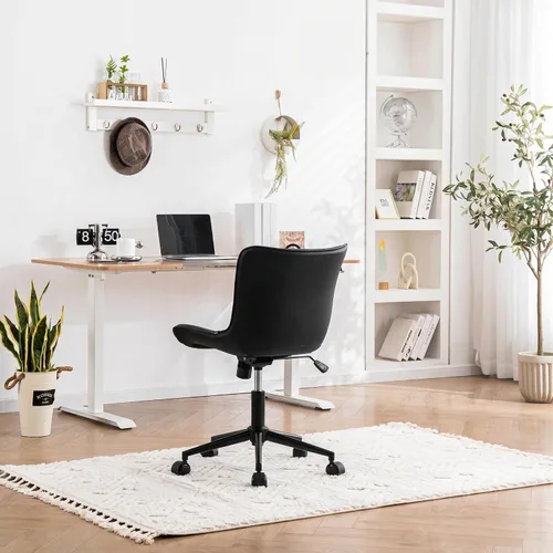 Vista 9 de YOUNIKE Silla de escritorio compacta negra para oficina en casa con ruedas, silla de tocador linda sin brazos cómoda con respaldo basculante