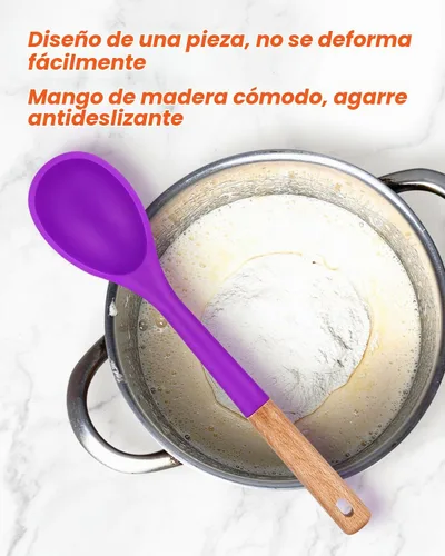 Vista 3 de Cucharas de cocina grandes de silicona, cuchara antiadherente con mango de madera maciza, cucharas de cocina de silicona resistentes al calor