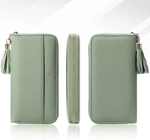 Vista 6 de Travelambo Cartera con borla plegable para mujer, bolso de mano con correa para la muñeca, bolso largo